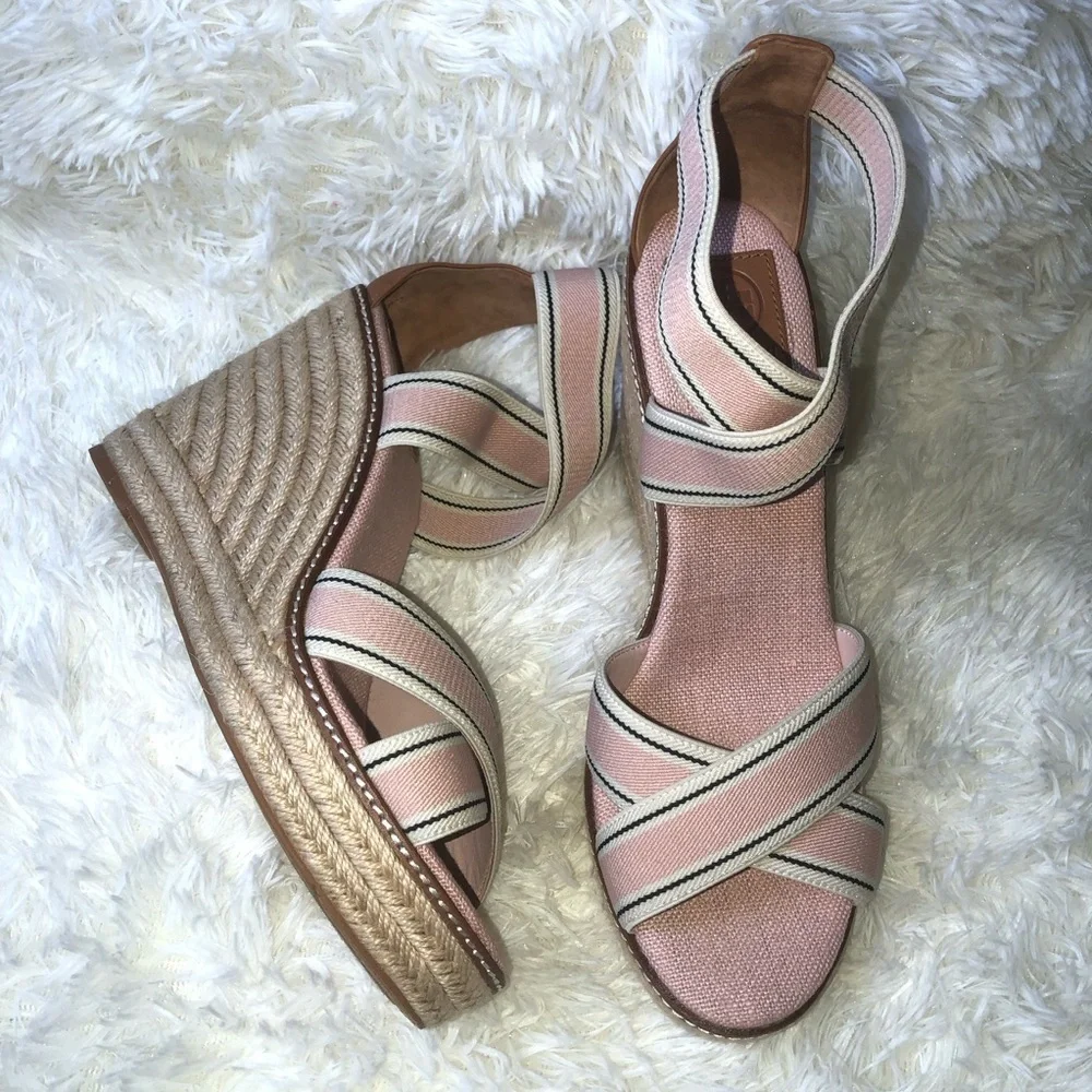 Tory Burch Pink and Tan Wedge Sandals size 10-11